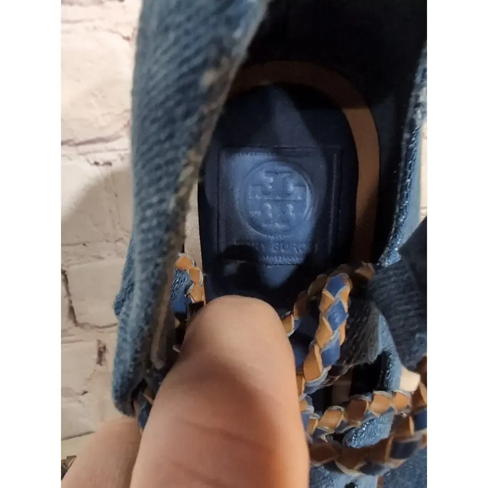 Tory Burch 8.5 Positano Platform Espadrille Heeled Lace Up Denim Blue